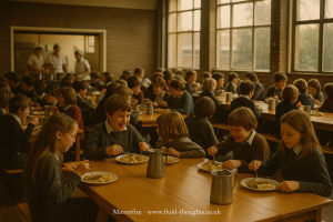 Chilren seated around the dinner table eating a balanced school meal in the seventies.