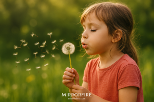 “Young child blowing a dandelion in a sunlit meadow, seeds floating through the warm green background.”