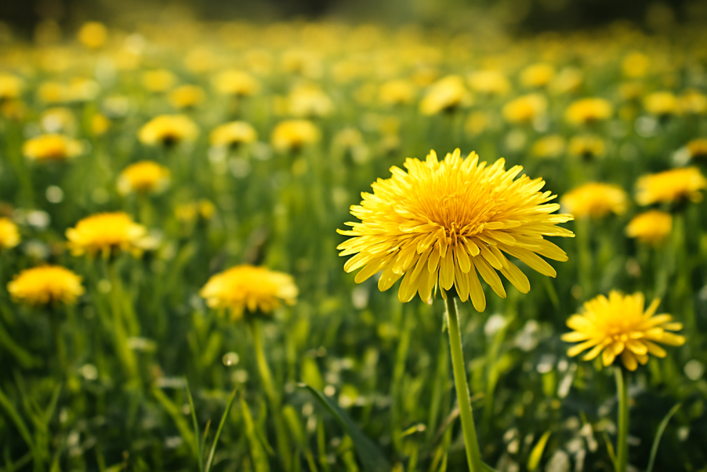 “Close-up of a single yellow dandelion in sharp focus, standing in a sunlit field filled with blurred yellow dandelions and green grass.”