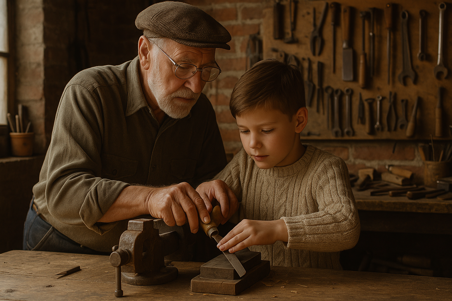 Grandad and Grandson in the garage sharpening tools. Teaching self sufficient skills.