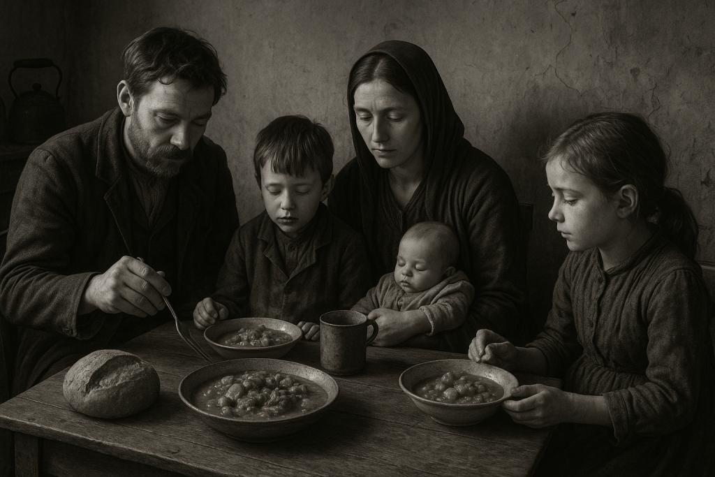 Victorian poor family at table eating