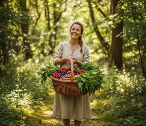 Woman foraging in woods with her harvest