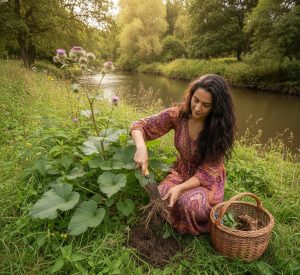 Woman picking Burdock on river bank.